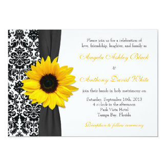 Sunflower Yellow Black White Damask Wedding Card