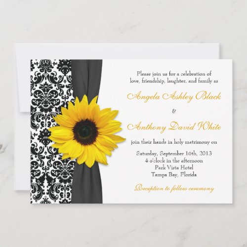 Sunflower Yellow Black White Damask Wedding Announcement