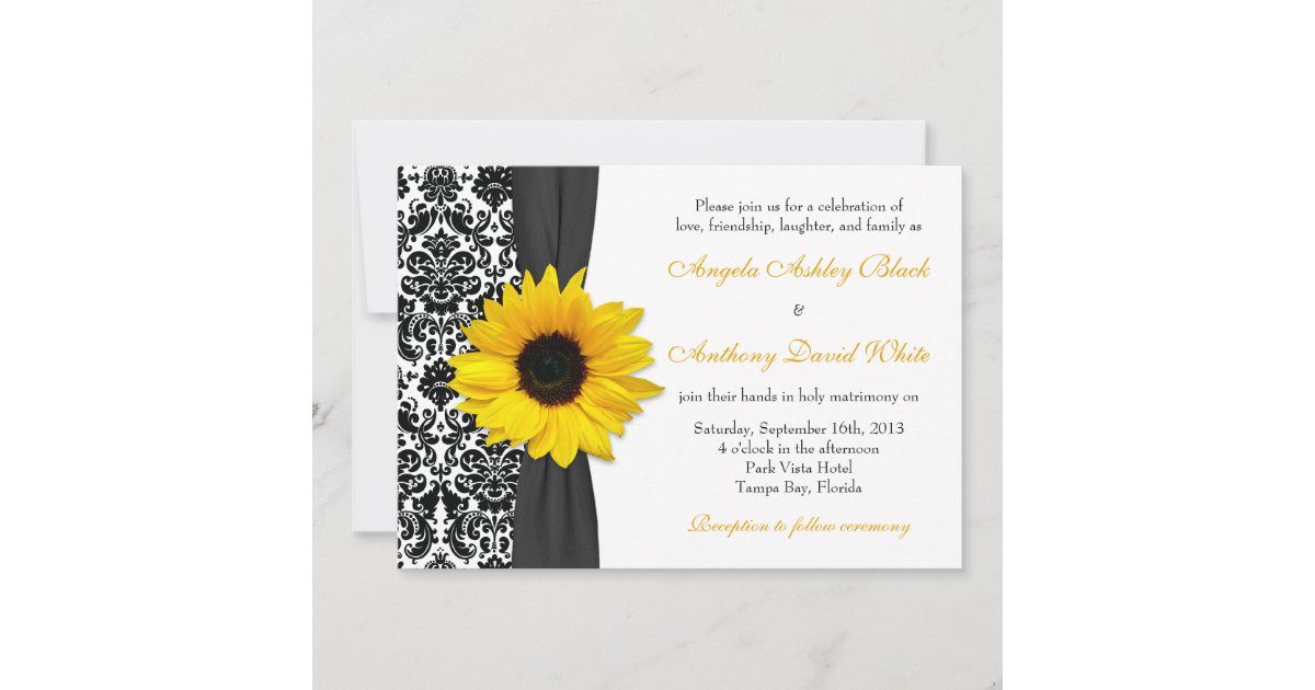 Sunflower Yellow Black White Damask Wedding Invitation Zazzle