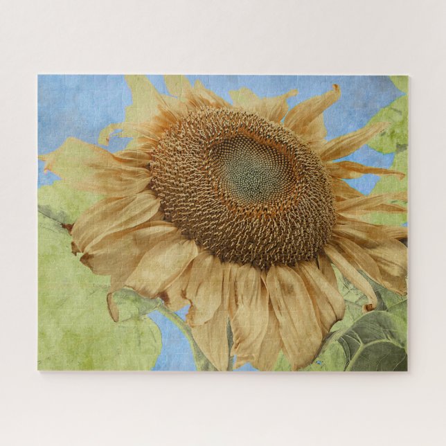 Sunflower Yellow Blue Boho Rustic Country Floral Jigsaw Puzzle (Horizontal)