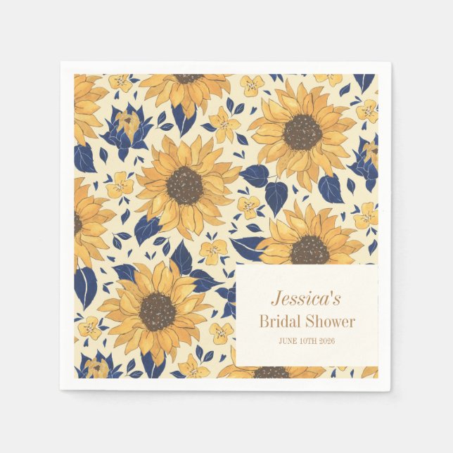 Sunflower Yellow Blue Bridal Shower Custom Name Napkins (Front)
