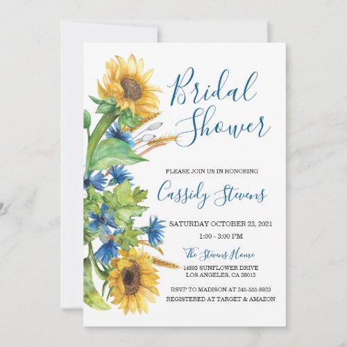 Sunflower Yellow Blue Floral Fall Bridal Shower Invitation