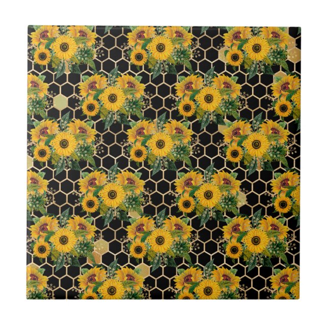 Sunflower Yellow Bouquet Honeycomb Black Ceramic Tile (Front)