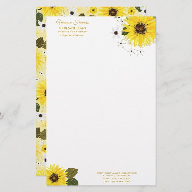 Sunflower Yellow Country Floral Stationery (Front/Back)