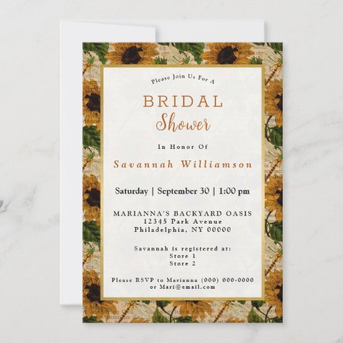 Sunflower Yellow Dragonfly Newsprint Bridal Shower Invitation