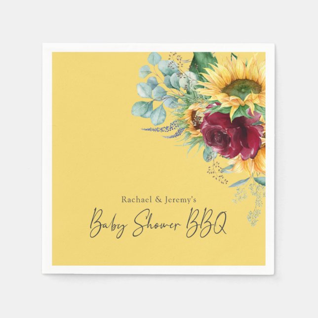 Sunflower Yellow Floral Backyard BBQ Baby Shower Napkins (Front)