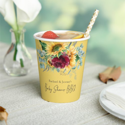 Sunflower Yellow Floral Backyard BBQ Baby Shower Paper Cups