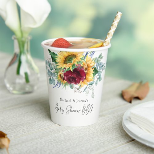 Sunflower Yellow Floral Backyard BBQ Baby Shower Paper Cups