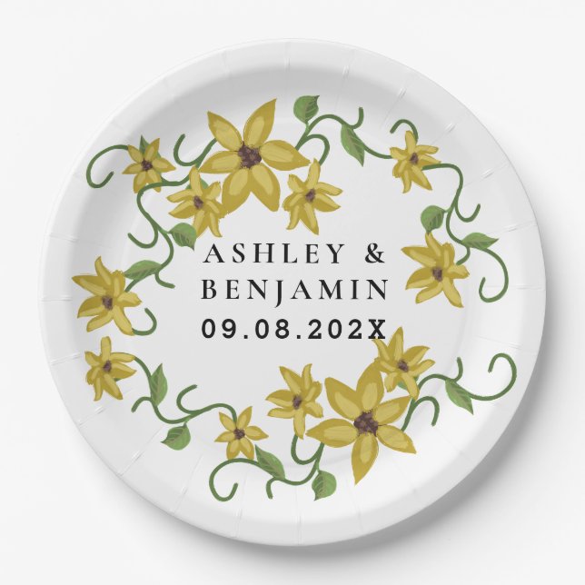 Sunflower Yellow Floral Botanical Hand drawn Oil  Paper Plates (Front)