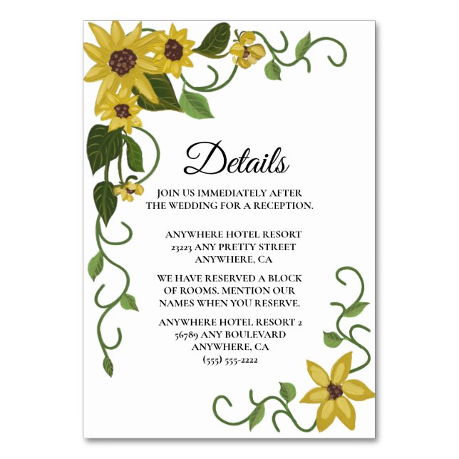 Sunflower Yellow Floral Botanical Hand drawn Oil Table Number (Front)