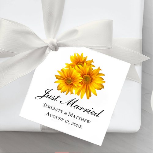 Sunflower Yellow Floral Just Married Wedding Favor Tags
