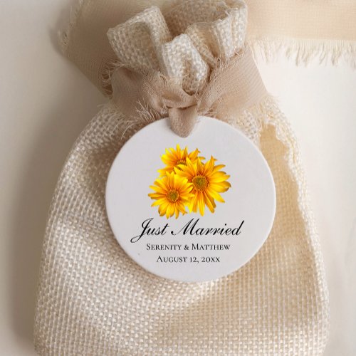 Sunflower Yellow Floral Just Married Wedding Favor Tags