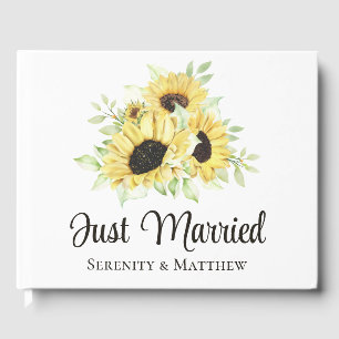 Sunflower Yellow Floral Just Married Wedding Guest Book