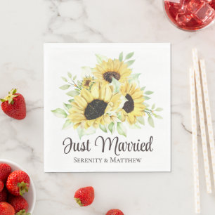 Sunflower Yellow Floral Just Married Wedding Napkins