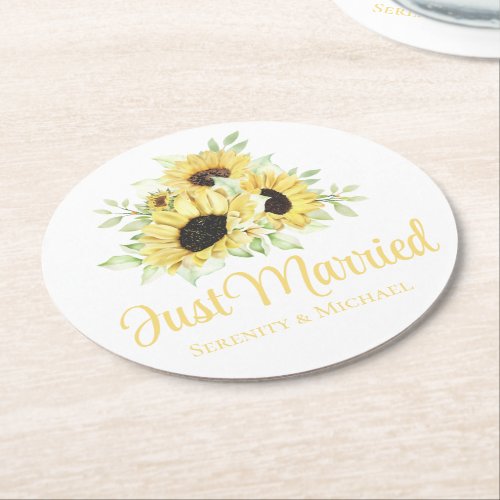 Sunflower Yellow Floral Just Married Wedding Round Paper Coaster