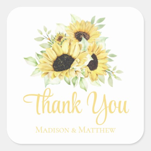 Sunflower Yellow Floral Wedding Thank You Square Sticker