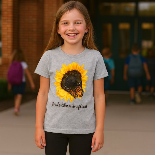 Sunflower Yellow Flower Girls T-Shirt (Soft heather gray girls tee featuring a cheerful sunflower and butterfly design)