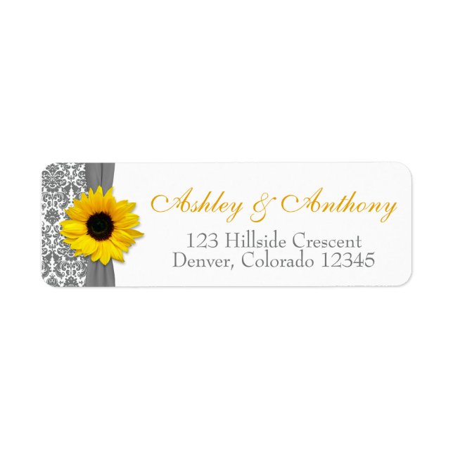 Sunflower Yellow Gray Damask Wedding Address Label (Front)