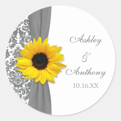 Sunflower Yellow Gray Damask Wedding Classic Round Sticker