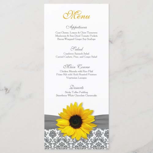 Sunflower Yellow Gray Damask Wedding Menu