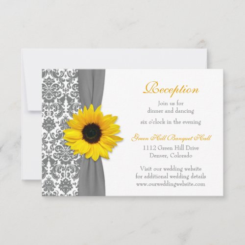 Sunflower Yellow Gray Damask Wedding Reception Invitation