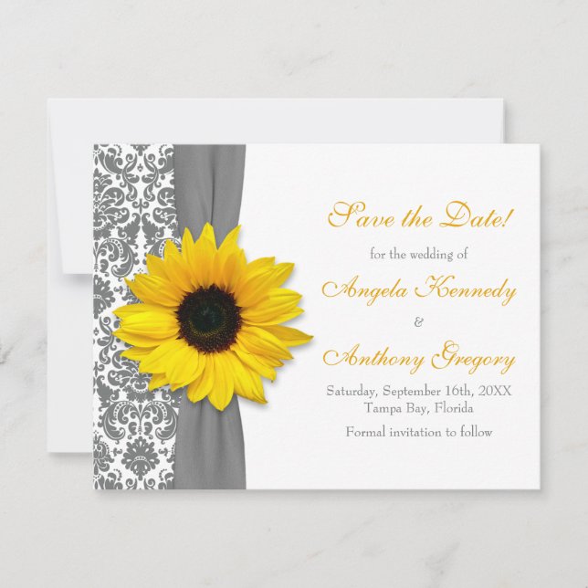 Sunflower Yellow Gray Damask Wedding Save the Date Invitation (Front)