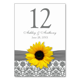 Sunflower Yellow Gray Damask Wedding Table Number