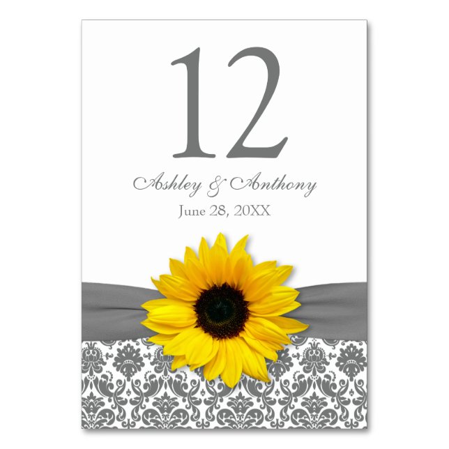 Sunflower Yellow Gray Damask Wedding Table Number (Front)