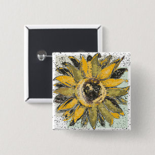 Sunflower Yellow Green Black Watercolor Style Art Button