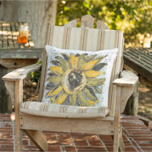 Sunflower Yellow Green Black Watercolor Style Art Outdoor Pillow