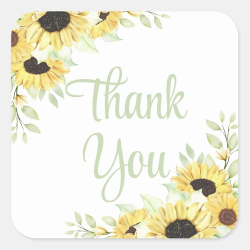 Sunflower Yellow Green Floral Wedding Thank You Square Sticker
