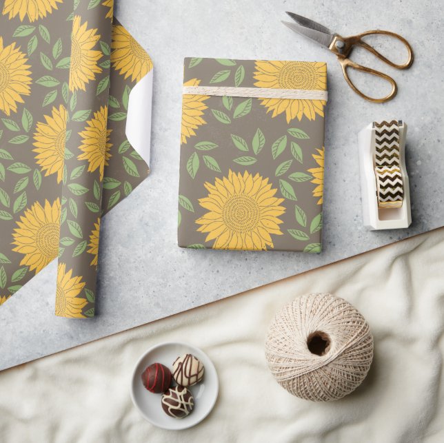Sunflower Yellow Green Gray Floral Pattern Wrapping Paper (Crafts)