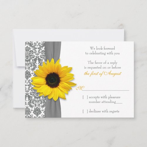 Sunflower Yellow Grey Damask Wedding RSVP Reply