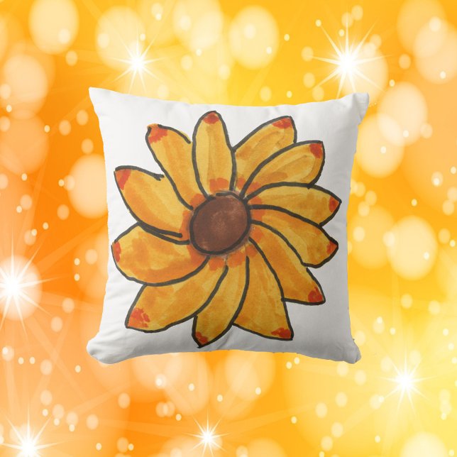 Sunflower Yellow Hand Drawn Throw Pillow (A throw pillow with a hand drawn yellow flower.)