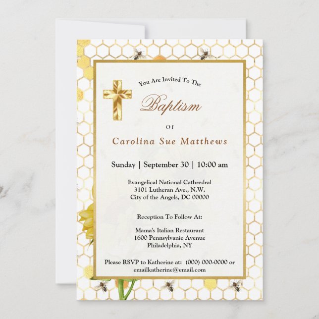 Sunflower Yellow Honeycomb Bees Gold Baptism Invitation (Front)
