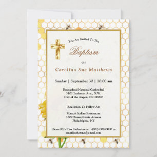 Sunflower Yellow Honeycomb Bees Gold Baptism Invitation