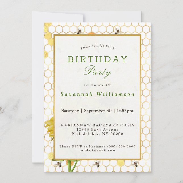 Sunflower Yellow Honeycomb Bees Gold Birthday Invitation (Front)