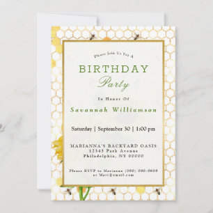 Sunflower Yellow Honeycomb Bees Gold Birthday Invitation