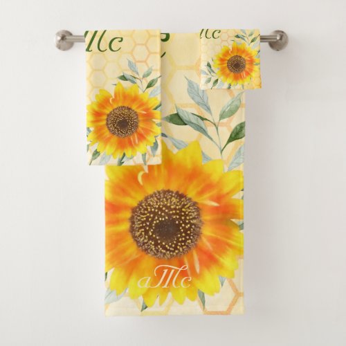Sunflower yellow honeycomb couple monogram bath towel set