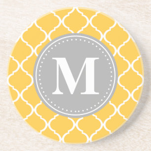 Sunflower Yellow Moroccan Lattice Grey Monogram Drink Coaster