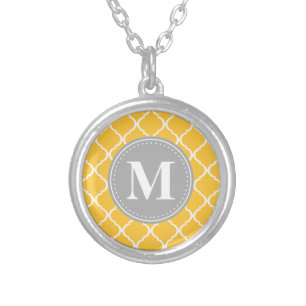 Sunflower Yellow Moroccan Lattice Grey Monogram Silver Plated Necklace