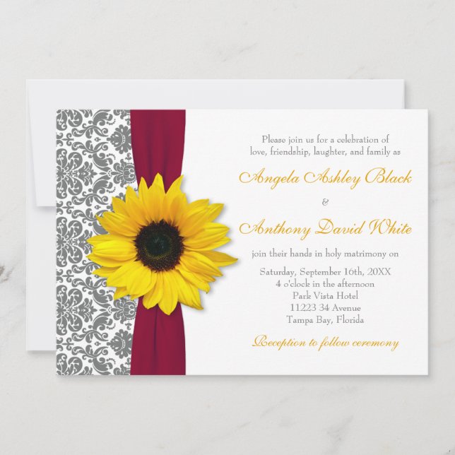 Sunflower Yellow Pewter Grey Damask Red Wedding Invitation (Front)