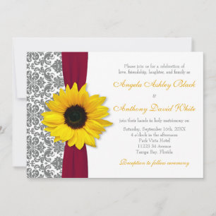 Sunflower Yellow Pewter Grey Damask Red Wedding Invitation