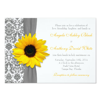 Sunflower Yellow Pewter Grey White Damask Wedding Card