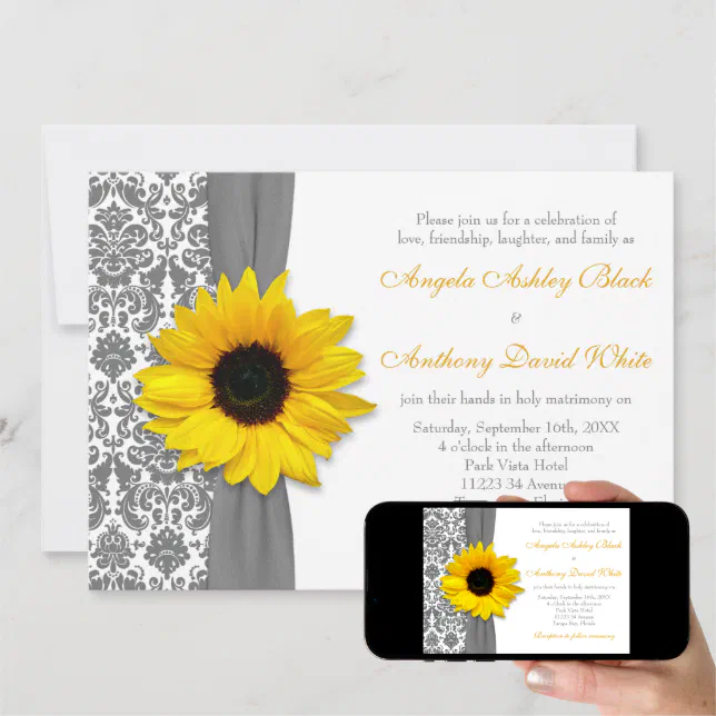 Sunflower Yellow Pewter Grey White Damask Wedding Invitation Zazzle
