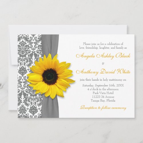 Sunflower Yellow Pewter Grey White Damask Wedding Invitation