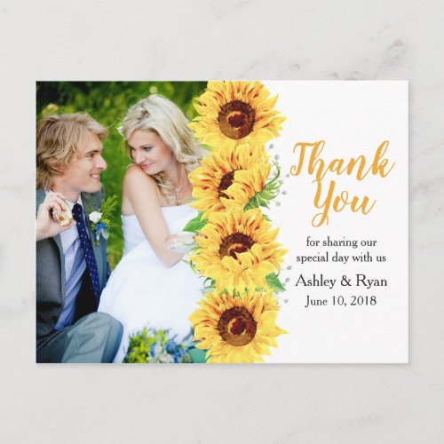 Sunflower Yellow Photo Wedding Thank You Postcard