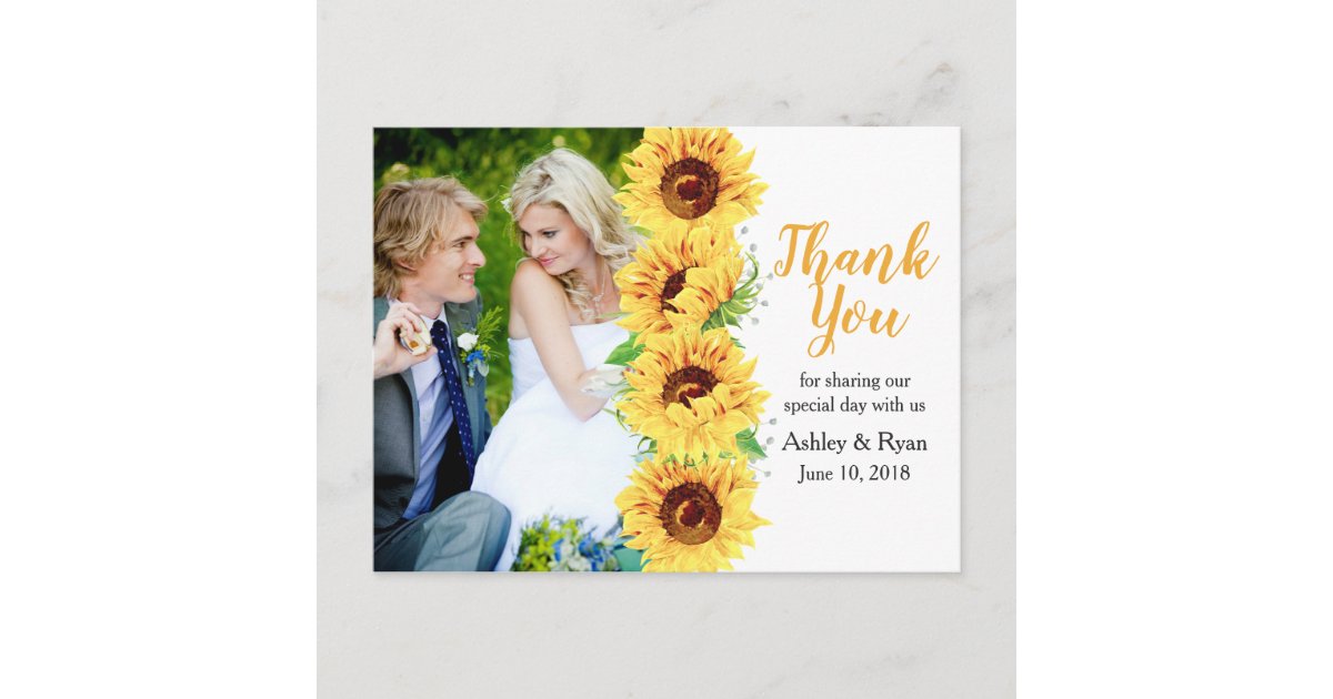 Sunflower Yellow Photo Wedding Thank You Postcard | Zazzle
