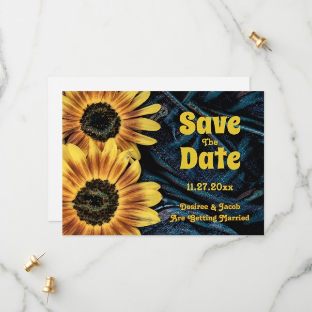 Sunflower Yellow Rustic Blue Denim Save The Date (Front/Back In Situ)