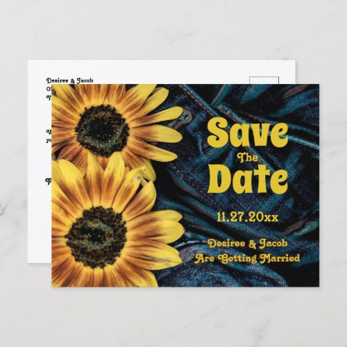 Sunflower Yellow Rustic Blue Denim Save The Date Announcement Postcard